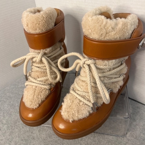 NEW COACH Women’s Monroe Shearling Boots Sz 7.5B Brown Lace & Strap Closure - Picture 2 of 10